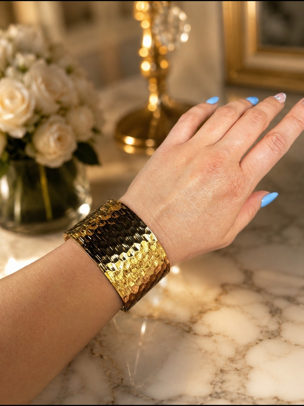 Gold Textured Wide Cuff Bracelet - Women Jewelry